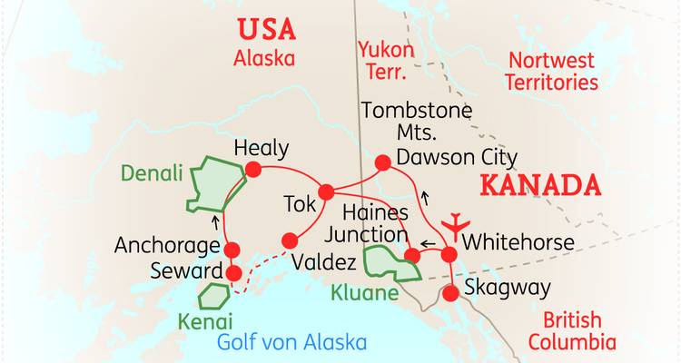 Abenteuerkarte mit Darstellung einer Rundreise durch Alaska und Yukon über Whitehorse, Dawson City und Valdez.