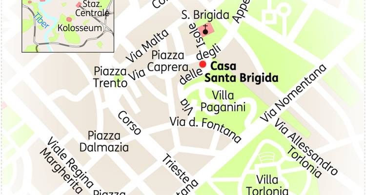 Karte auf Nachbarschaftsebene mit Straßen und Lage von Casa Santa Brigida in Rom