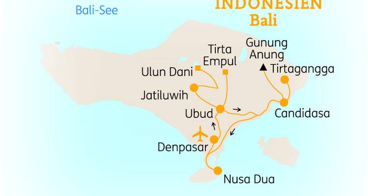 Kaart van Bali, Indonesië, met toeristische locaties en reisroutes.