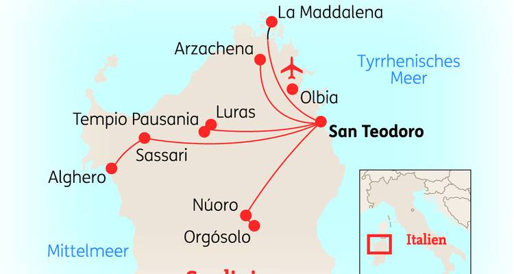 Carte touristique de la Sardaigne, Italie avec itinéraires de voyage marqués.