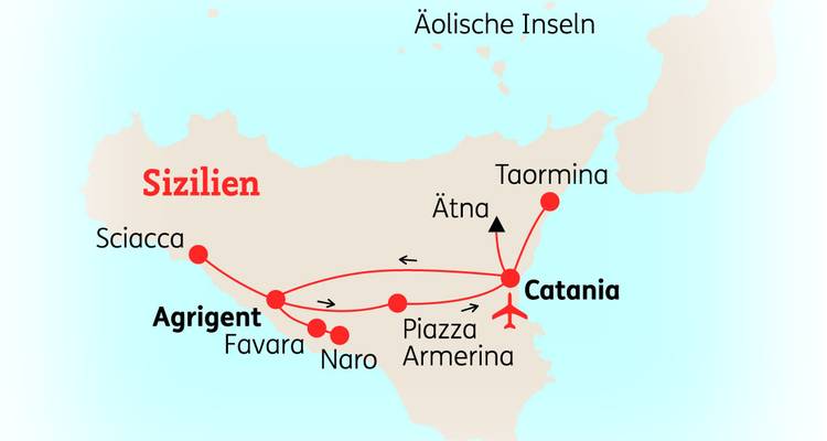 Carte d'itinéraire illustrée d'un circuit en Sicile mettant en évidence les arrêts principaux et les lignes indiquant le sens de déplacement.