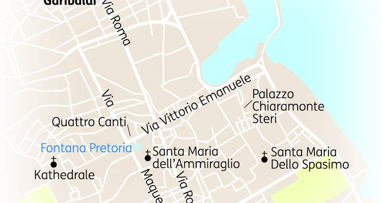 Karte mit hervorgehobenen Straßen und Sehenswürdigkeiten in Palermo, Sizilien.