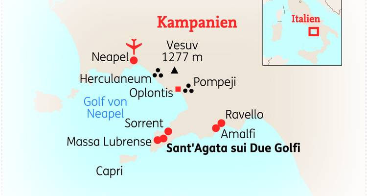 Karte der Region Kampanien in Italien mit markierten Städten.