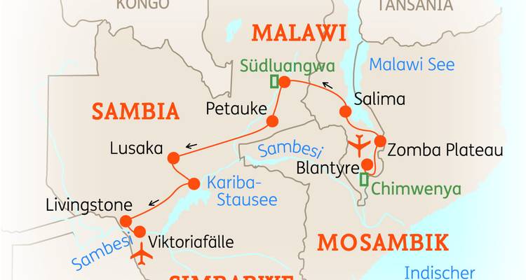 Map detailing a route through Malawi and Zambia.