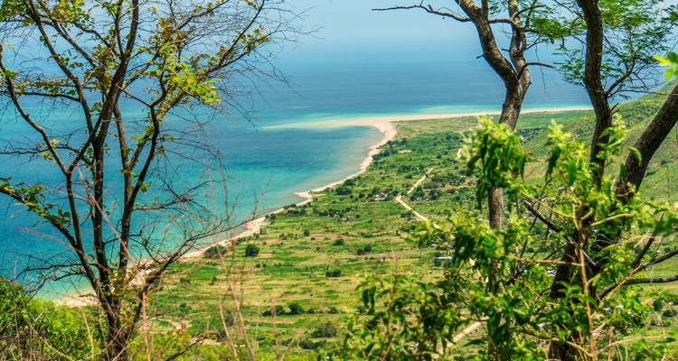 Erhöhter Blick durch Laub auf eine lange sandige Küste und ländliche Landschaft, die auf den strahlend blauen Malawisee trifft.