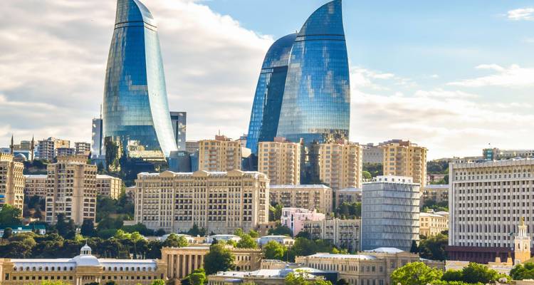 Baku's skyline with modern architecture including the Flame Towers.