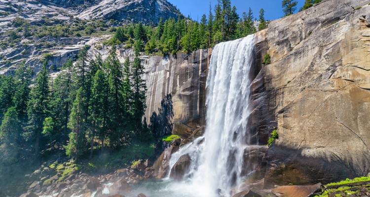 Poderosa Cascada Vernal cayendo sobre acantilados de granito rodeada de frondosas coníferas perennes en Yosemite.