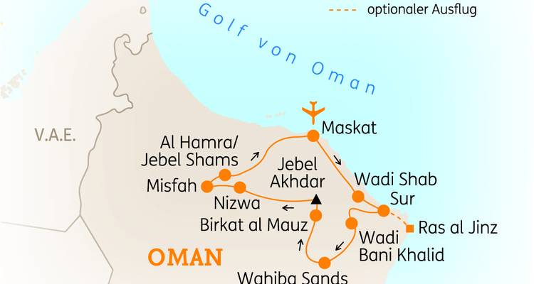 Karte von Oman mit verschiedenen Routen und Standorten.