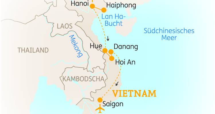 Kaart van Vietnam met verschillende steden en routes.
