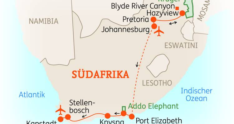 Map of South Africa with travel routes.