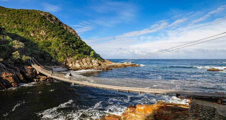 Hängebrücke über einer felsigen Küste mit bewaldeten Hügeln.