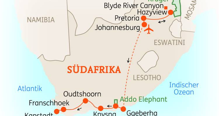 Tourenkarte von Südafrika mit Verbindungen zu Kapstadt, Garden Route und Kruger.