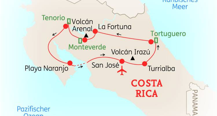 Karte mit Reiserouten innerhalb Costa Ricas.
