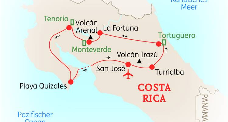Tourverlaufskarte von Costa Rica mit Hervorhebung von Vulkanen, Nationalparks und wichtigen Städten