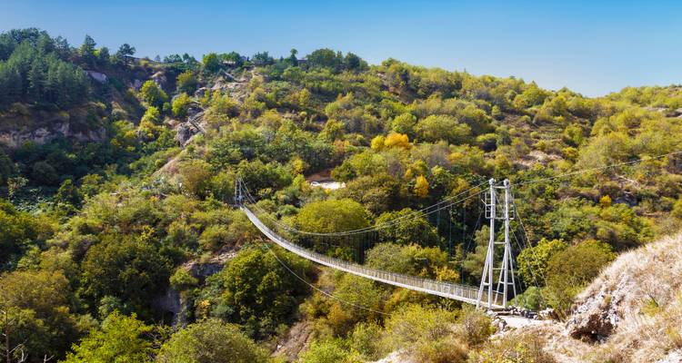 Lange schmale Hängebrücke, die an einem sonnigen Tag eine üppig bewaldete Schlucht überspannt.