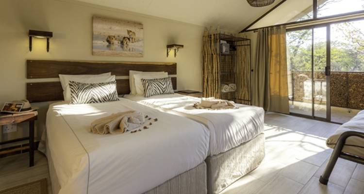 A cozy hotel room with twin beds and a nature-themed decor.