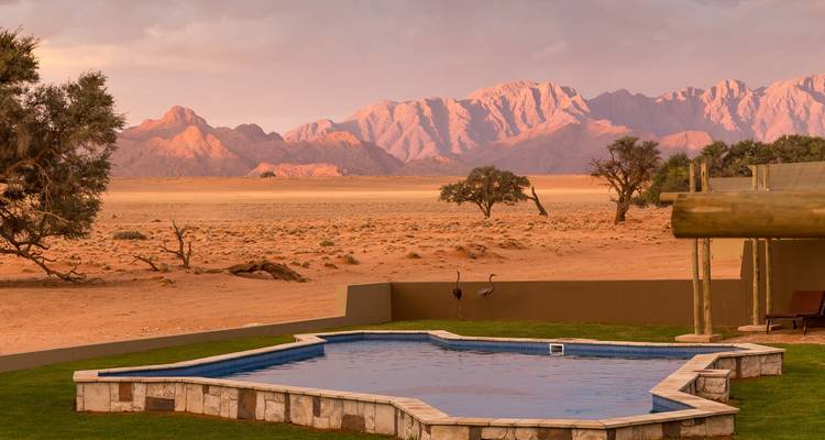 A pool with a scenic desert mountain landscape in the background.