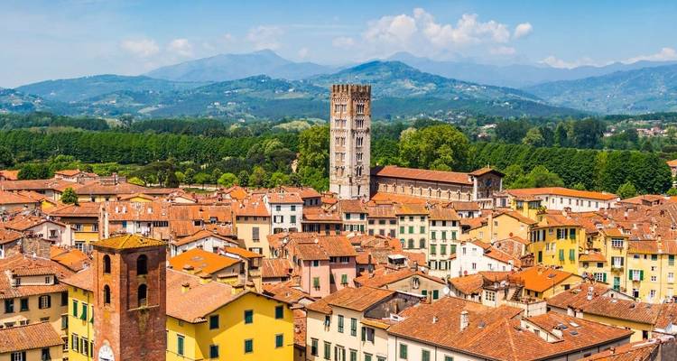 Vue panoramique d'une ville historique avec des tours et des montagnes.