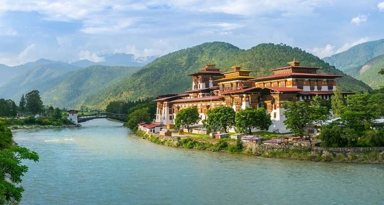 A beautiful traditional palace by a river in Bhutan.