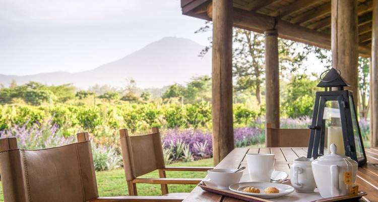 Tisch mit Teetassen auf einer Veranda mit Blick auf eine Berglandschaft.
