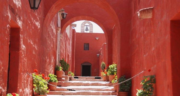 Traditionele smalle steeg geschilderd in rood met planten in potten.