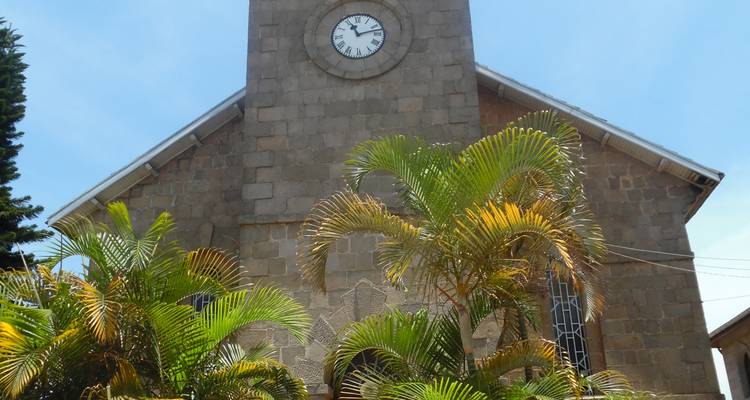 Kerk met een klok op de gevel omringd door planten.