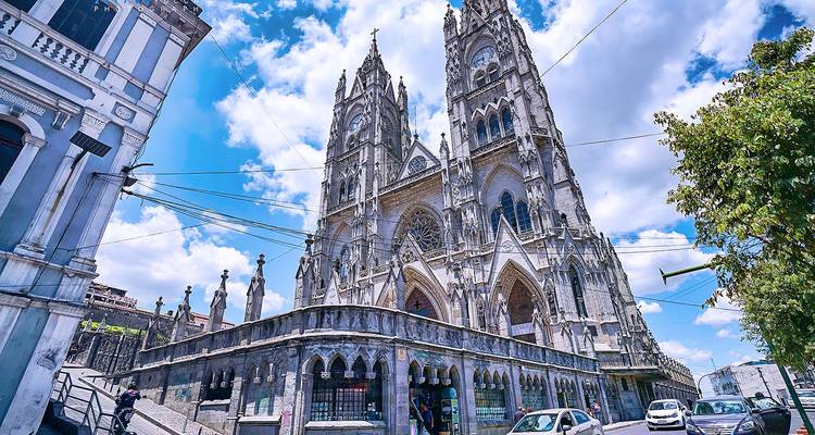 Buitenaanzicht van een grote kathedraal met torens.