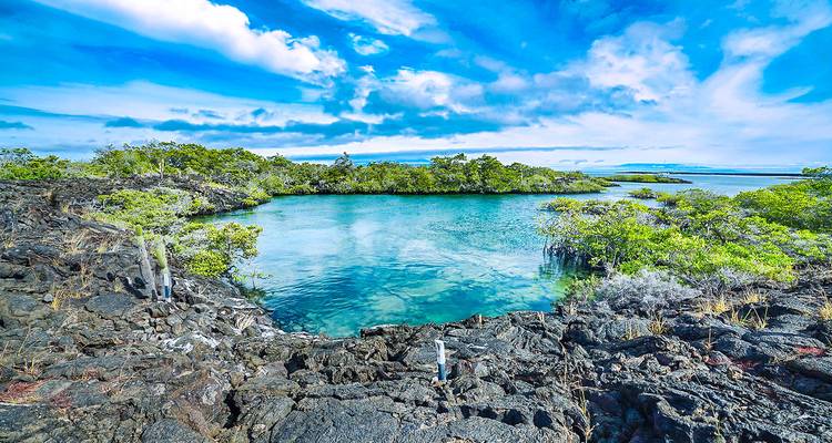Schilderachtig uitzicht op een turquoise lagune omringd door rotsachtig terrein.