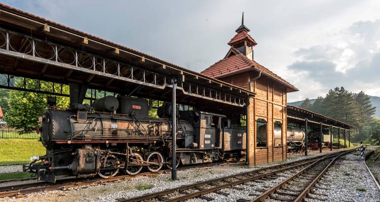 Train à vapeur historique dans une gare.