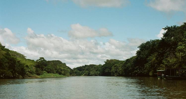 Ruhiger Fluss, gesäumt von dichtem grünem Dschungel unter einem teilweise bewölkten blauen Himmel