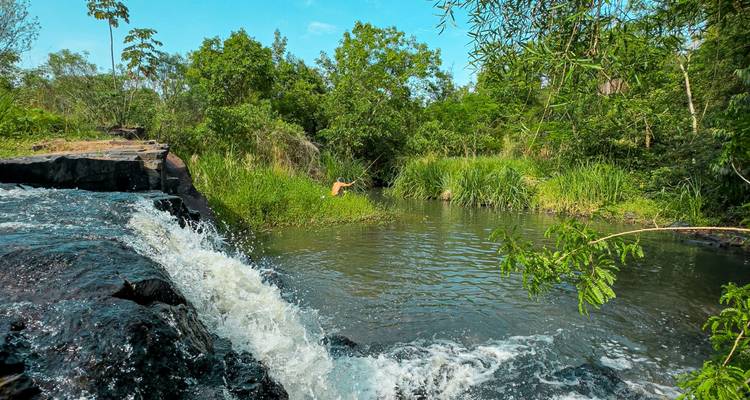 Kleiner Wasserfall, der in einen klaren natürlichen Pool mündet, umgeben von üppigem Grün mit einem Schwimmer