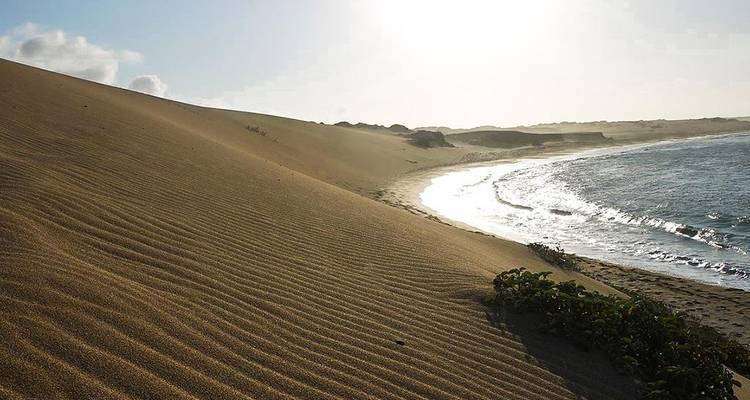Gouden zandduinen lopen af naar een afgelegen halvemaanvormig strand met zachte golven onder fel zonlicht.