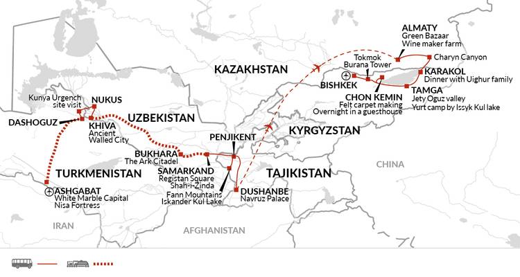 Illustrierte Streckenkarte mit einer Überlandreiseroute durch zentralasiatische Länder.