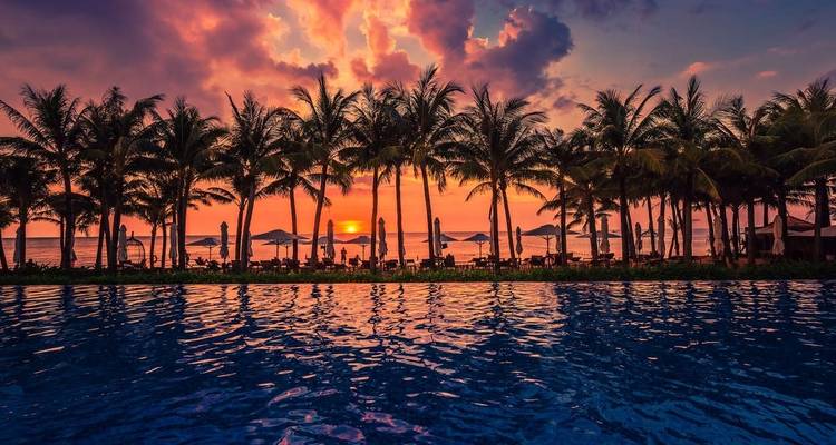 Palm silhouettes at sunset with a pool and ocean view, vibrant skies.