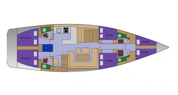 Plan d'étage codé par couleurs d'un voilier montrant les cabines, les couchettes, la cuisine et le salon.