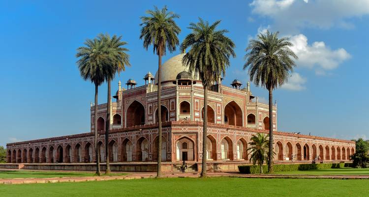 Humayun's Tomb surrounded by palm trees.
