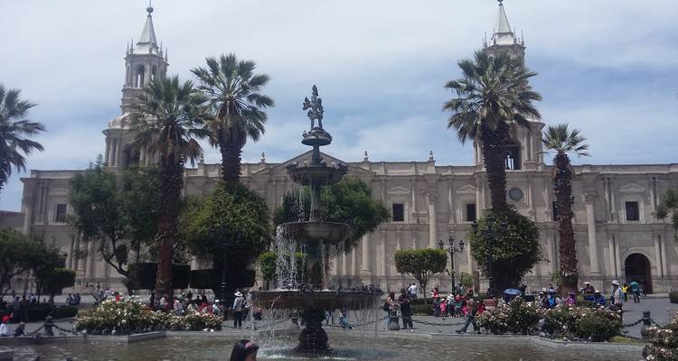 Une grande place avec une fontaine et une cathédrale historique en arrière-plan.