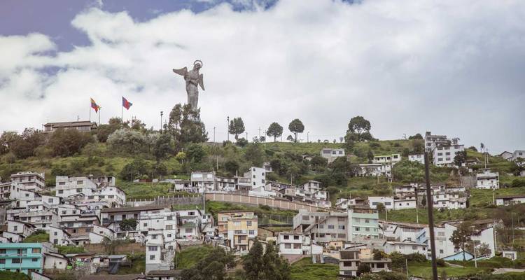 Stadsgezicht met een groot standbeeld op een heuvel, uitkijkend over gebouwen.