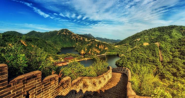 La Gran Muralla China con exuberante vegetación circundante.