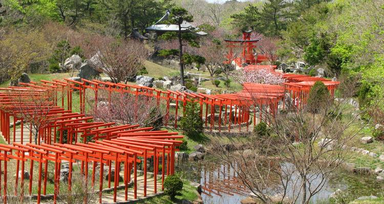 Camino sinuoso de brillantes puertas torii rojas a través de un jardín paisajístico con estanque