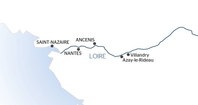 Carte d'itinéraire de la Loire montrant Saint-Nazaire, Nantes, Ancenis et d'autres arrêts.