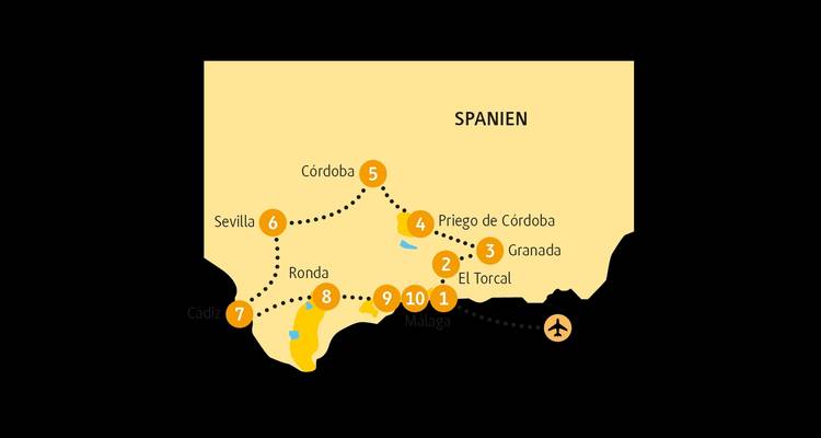 Mapa de ruta mostrando destinos en el sur de España