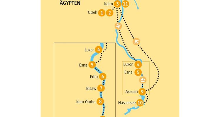 Map of Egypt detailing a travel route including the Nile.