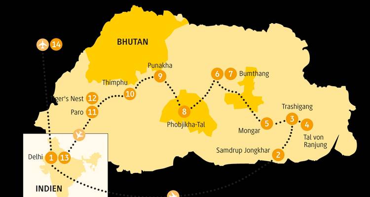 Karte, die eine Reiseroute in Bhutan und Indien zeigt.