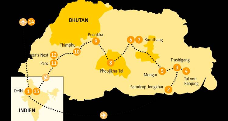Karte, die eine Reiseroute in Bhutan zeigt.