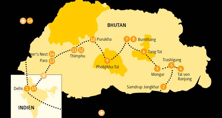 Illustrierte Routenkarte einer Bhutan-Tour mit Hervorhebung der wichtigsten Haltestellen und Flugpunkte