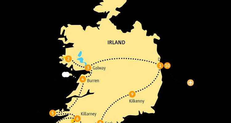 Vereinfachte Reisekarte von Irland, die wichtige Haltestellen und die Fahrtroute über die Insel hervorhebt.
