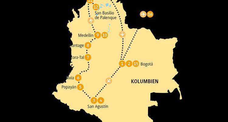 Vereinfachte Reisekarte von Kolumbien mit Reiseroute und nummerierten Haltestellen.
