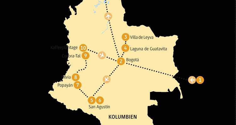 Karte, die die Reiseroute durch verschiedene Städte in Kolumbien zeigt.