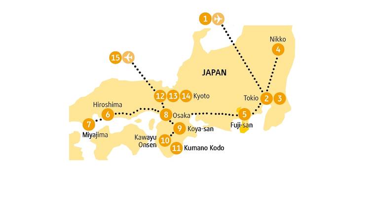 Illustrative Karte von Japan mit wichtigen Städten und Routen.